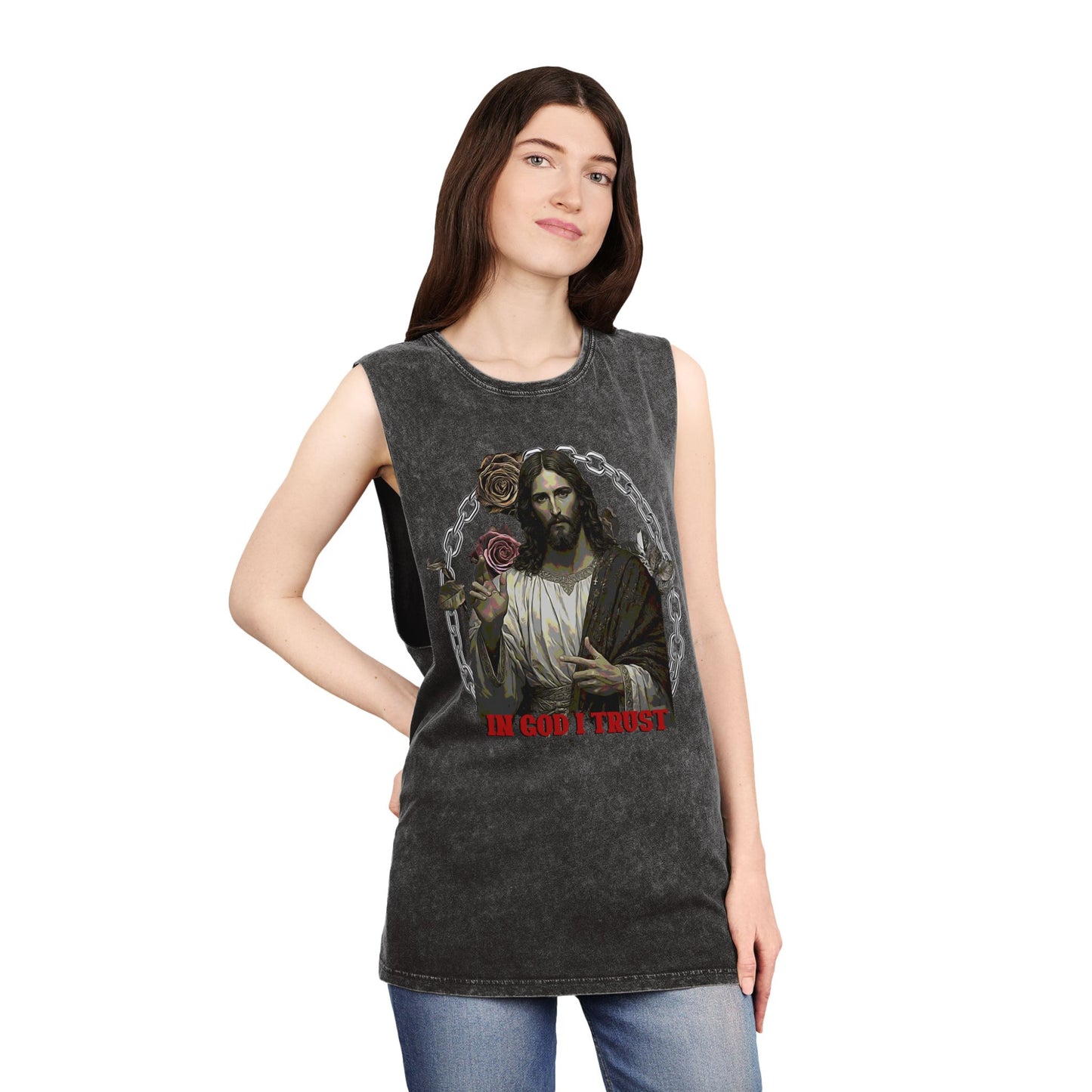 In God I Trust Vintage Jesus Tank Top — Stonewash Faith Graphic