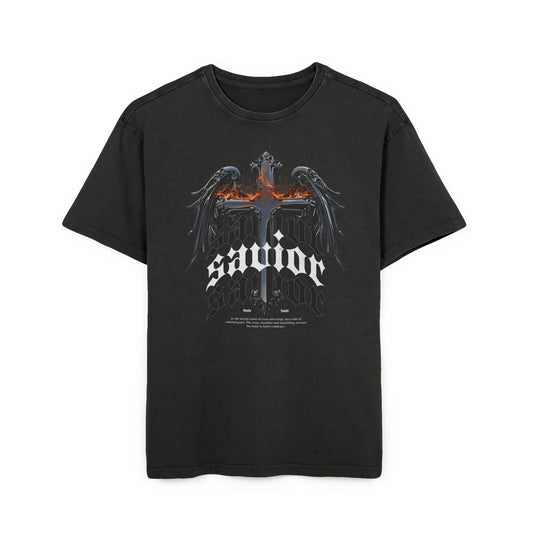 “Saviour” Angel Graphic Tee — Vintage Acid-Wash Oversized T-Shirt