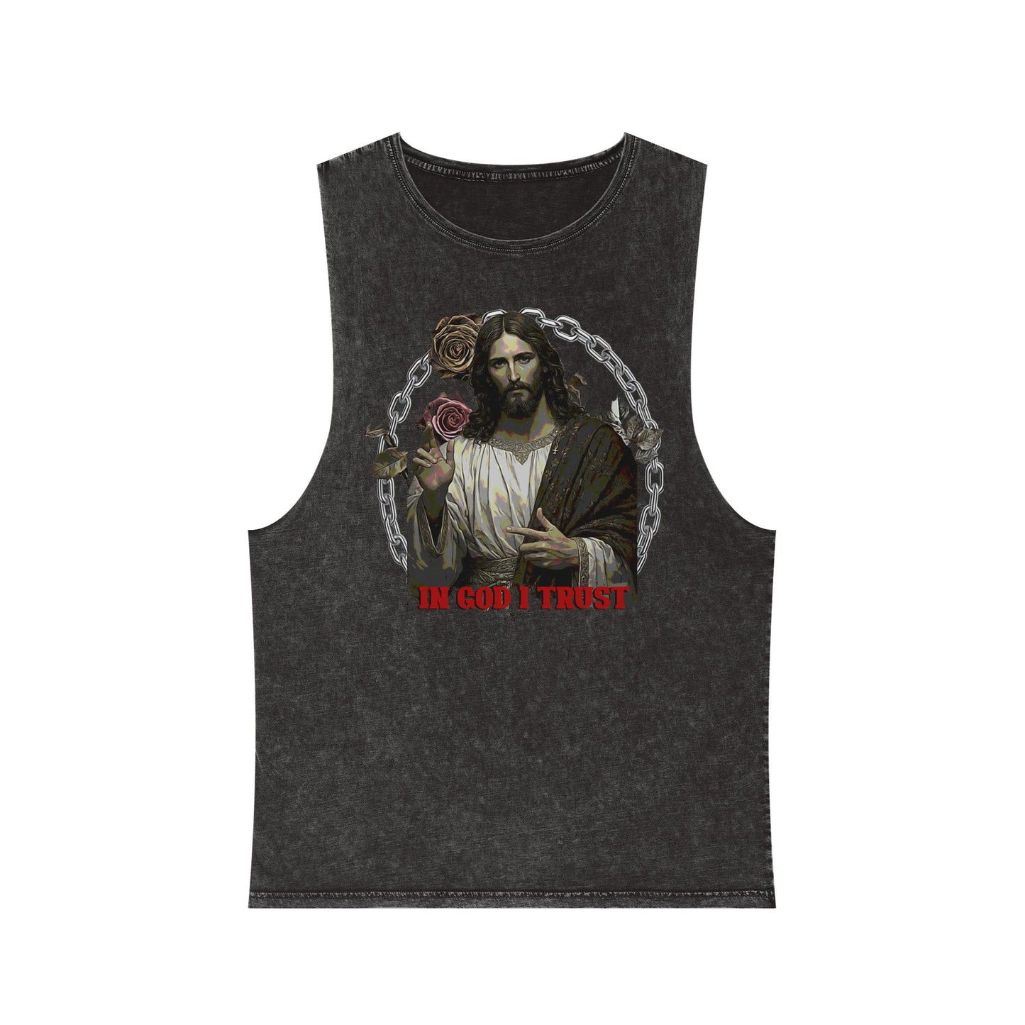 In God I Trust Vintage Jesus Tank Top — Stonewash Faith Graphic