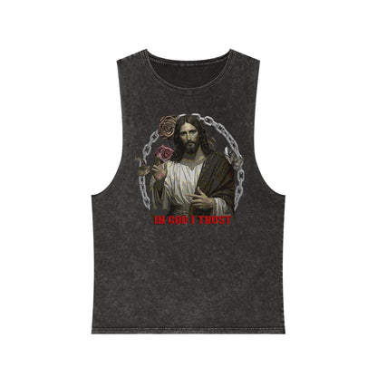 In God I Trust Vintage Jesus Tank Top — Stonewash Faith Graphic
