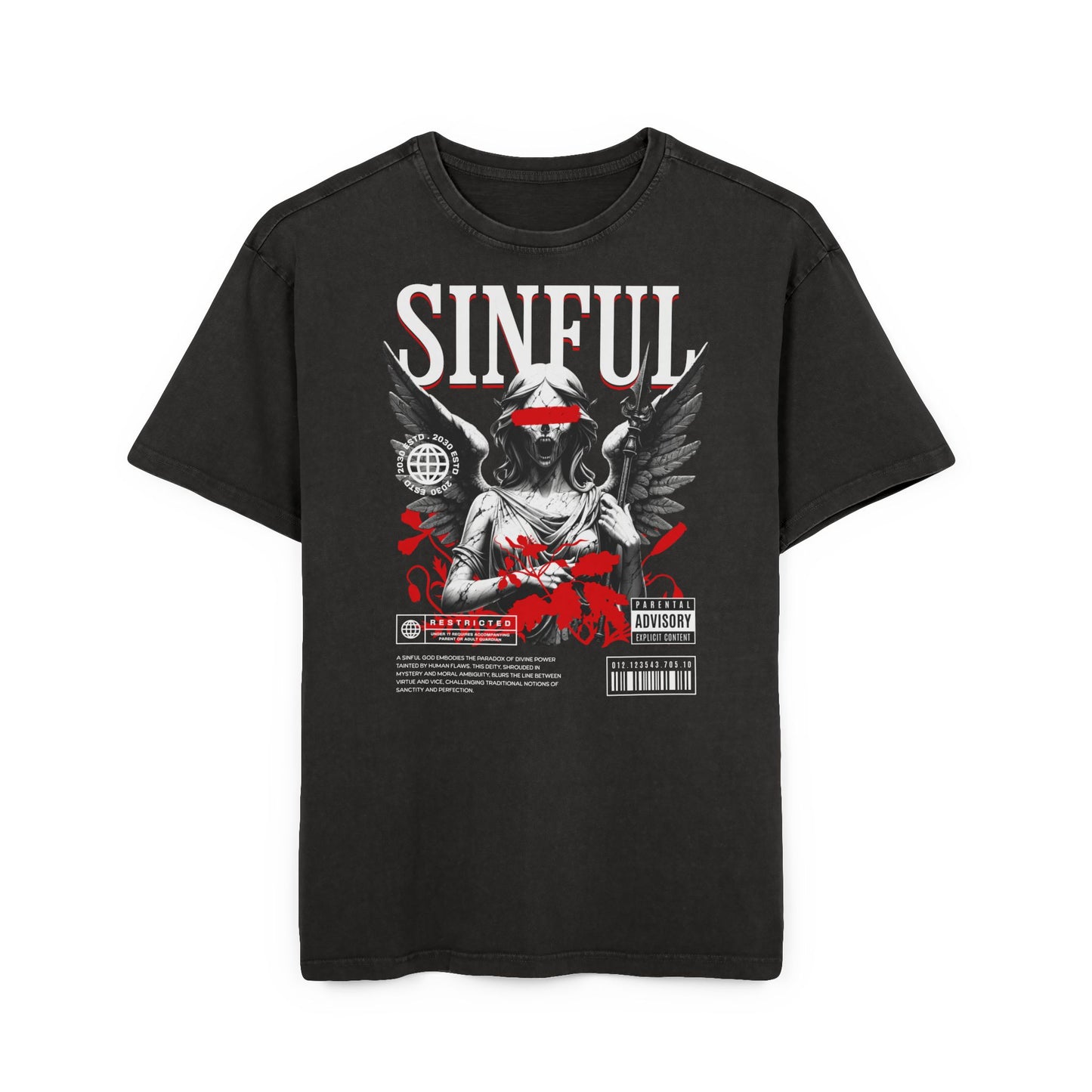 “Sinful”  Angel Graphic Tee — Vintage Acid-Wash Oversized T-Shirt