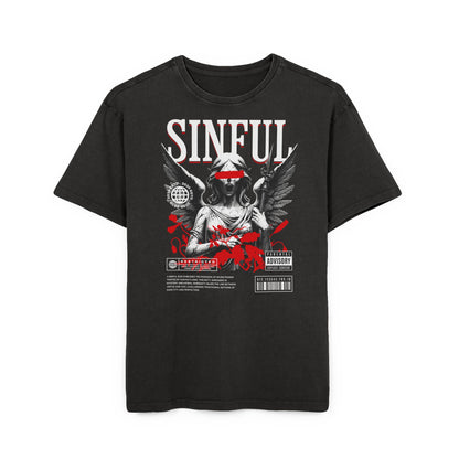 “Sinful”  Angel Graphic Tee — Vintage Acid-Wash Oversized T-Shirt