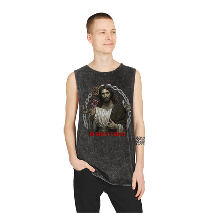 In God I Trust Vintage Jesus Tank Top — Stonewash Faith Graphic